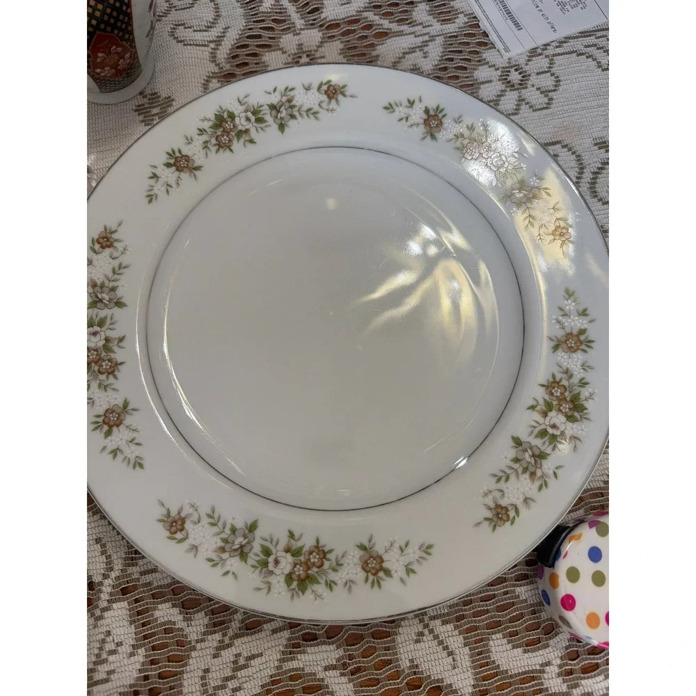 Suffolk Diamond China Dinner Plate Floral Brown White Silver Rim Made in Japan
